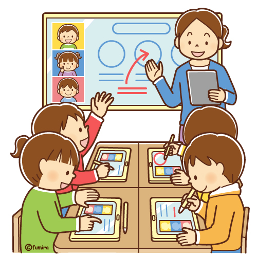 タブレットとモニターで授業を受ける小学生のイラスト ソフト 子供と動物のイラスト屋さん わたなべふみ