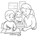 勉強をする外国人のこどもと教えている先生のイラスト(ぬりえ) 勉強をする外国人のこどもと教えている先生のイラスト(ぬりえ)