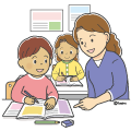 勉強をする外国人のこどもと教えている先生のイラスト(カラー) 勉強をする外国人のこどもと教えている先生のイラスト(カラー)