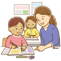 勉強をする外国人のこどもと教えている先生のイラスト(ソフト) 勉強をする外国人のこどもと教えている先生のイラスト(ソフト)