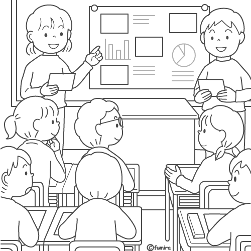 前に出て発表をする生徒2人と聞いている子どもたちのイラスト（ぬりえ）