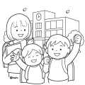 ランドセルを背負った小学生と学校の校舎のイラスト(ぬりえ) ランドセルを背負った小学生と学校の校舎のイラスト(ぬりえ)