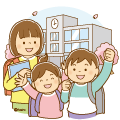 ランドセルを背負った小学生と学校の校舎のイラスト(ソフト) ランドセルを背負った小学生と学校の校舎のイラスト(ソフト)