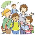 歩きながら話をしている色々な人種の学生と先生のイラスト(カラー) 歩きながら話をしている色々な人種の学生と先生のイラスト(カラー)