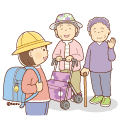 通学中の小学生と手をふるおばあちゃんたちのイラスト(ソフト) 通学中の小学生と手をふるおばあちゃんたちのイラスト(ソフト)