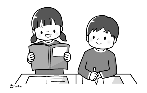 教科書を読む小学生のイラスト モノクロ