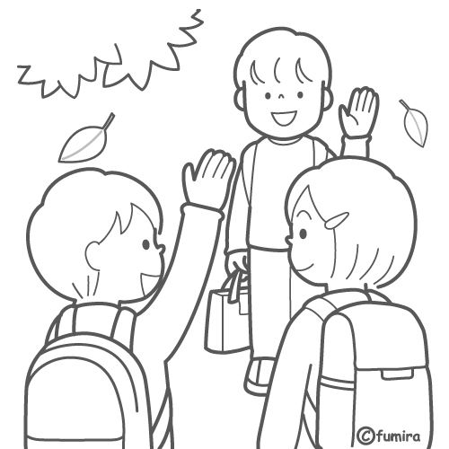 友達に手を振る小学生のイラスト・秋のイラスト（ぬりえ）