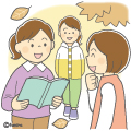 秋のイメージ。外で友達と本を広げながら話をしている女の子のイラスト(カラー) 秋のイメージ。外で友達と本を広げながら話をしている女の子のイラスト(カラー)