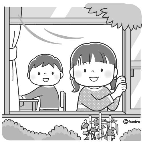 窓を空けて換気をする子どものイラスト モノクロ 子供と動物のイラスト屋さん わたなべふみ