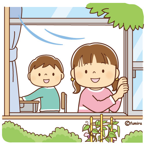 窓を空けて換気をする子どものイラスト ソフト 子供と動物のイラスト屋さん わたなべふみ