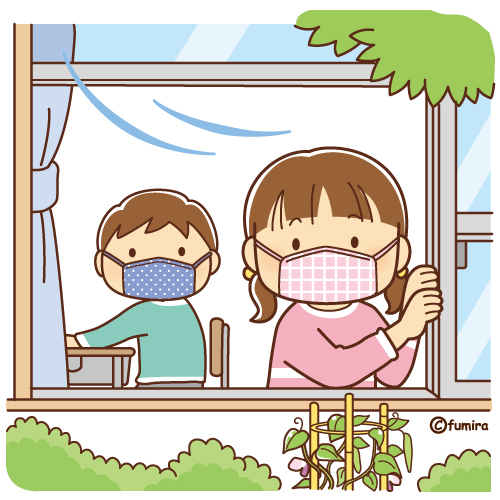 窓を空けて換気をする子どものイラスト・マスクあり（ソフト）
