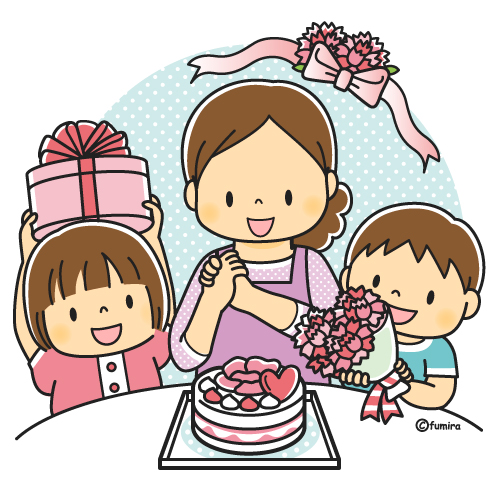 母の日 ケーキとプレゼントで母の日をお祝いする子どもたちとママのイラスト カラー 子供と動物のイラスト屋さん わたなべふみ