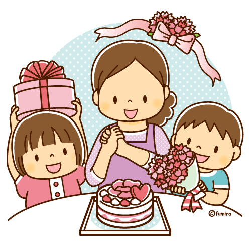 ケーキとプレゼントで母の日をお祝いする子どもたちとママのイラスト（ソフト）
