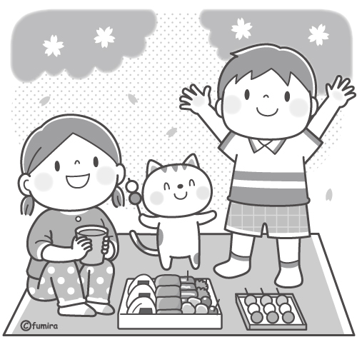 お花見をする男の子と女の子とネコのイラスト モノクロ 子供と動物のイラスト屋さん わたなべふみ