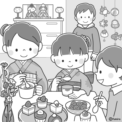 ひなまつりパーティでおやつを食べるこどもたちのイラスト（モノクロ）