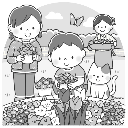 花壇に花を植える子どもたちのイラスト モノクロ 子供と動物のイラスト屋さん わたなべふみ