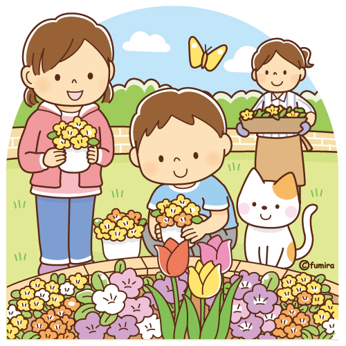 花壇に花を植える子どもたちのイラスト ソフト 子供と動物のイラスト屋さん わたなべふみ