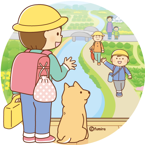 登下校をするこどもたちのイラスト ソフト 子供と動物のイラスト屋さん わたなべふみ