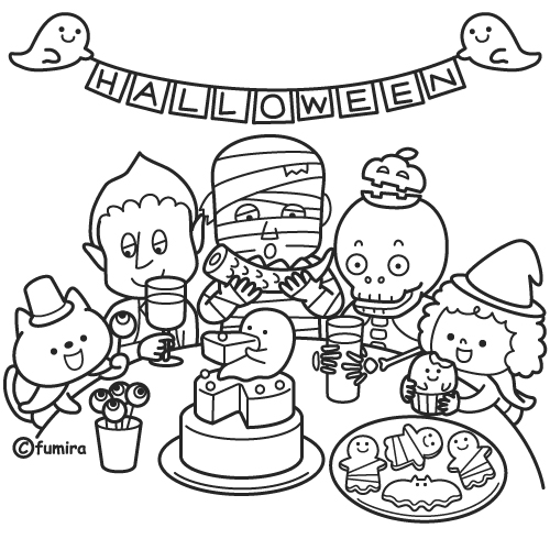 ハロウィン・ハロウィンパーティをするお化けたちのイラスト（ぬりえ）