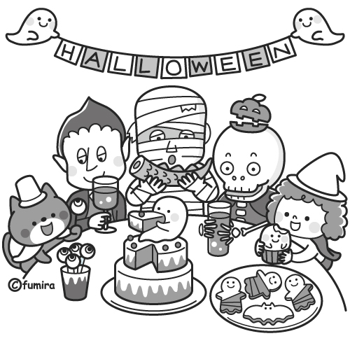 ハロウィン ハロウィンパーティをするお化けたちのイラスト モノクロ