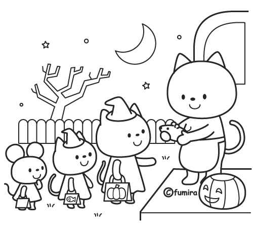 ハロウィン ハロウィンのお菓子をもらうネコのイラスト モノクロ 子供と動物のイラスト屋さん わたなべふみ