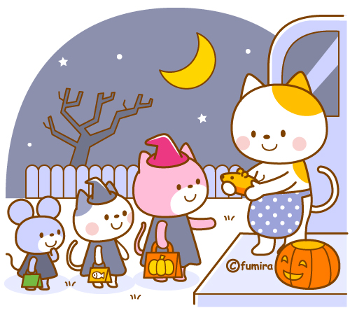 ハロウィン ハロウィンのお菓子をもらうネコのイラスト ソフト 子供と動物のイラスト屋さん わたなべふみ