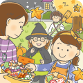 ハロウィンのお菓子をもらいに家を回る子どもたちのイラスト(カラー) ハロウィンのお菓子をもらいに家を回る子どもたちのイラスト(カラー)