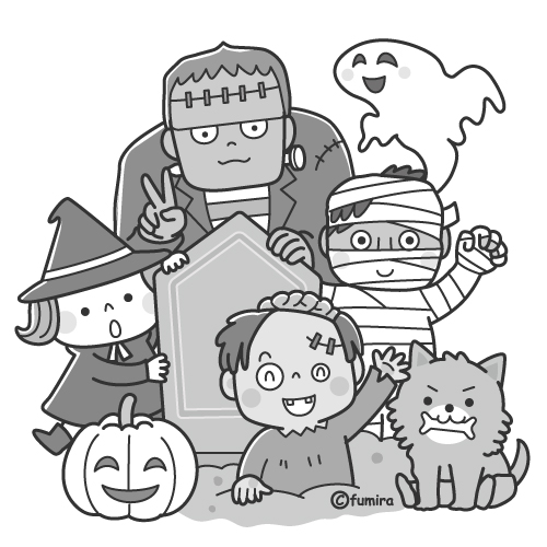 ハロウィンのモンスターのイラスト モノクロ 子供と動物のイラスト屋さん わたなべふみ