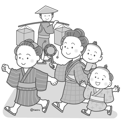 まちなかを走っている江戸時代の子どもたちと町人のイラスト（モノクロ）