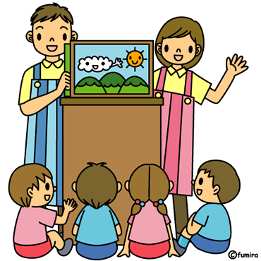 保育園 幼稚園児のイラスト紙芝居をしている保育士さんと園児 カラー