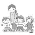 保育士さんと手をつないでおさんぽする園児たちのイラスト(モノクロ) 保育士さんと手をつないでおさんぽする園児たちのイラスト(モノクロ)