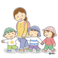 保育士さんと手をつないでおさんぽする園児たちのイラスト(カラー) 保育士さんと手をつないでおさんぽする園児たちのイラスト(カラー)