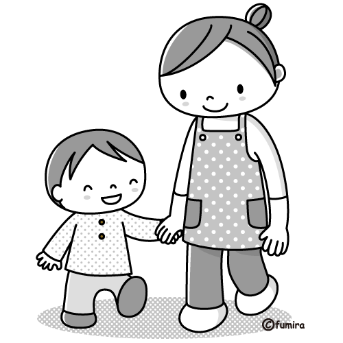 幼稚園の先生と子どもの散歩のイラスト モノクロ