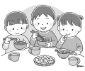 鏡開きのおしるこをたべるこどもたちのイラスト 鏡開きのおしるこをたべるこどもたちのイラスト