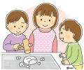 鏡開きをする子どもたちと保育士さんのイラスト 鏡開きをする子どもたちと保育士さんのイラスト