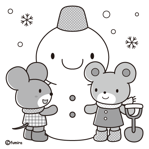 雪だるまのイラスト モノクロ 子供と動物のイラスト屋さん わたなべふみ