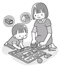 保育士さんと遊ぶ子供(モノクロ)