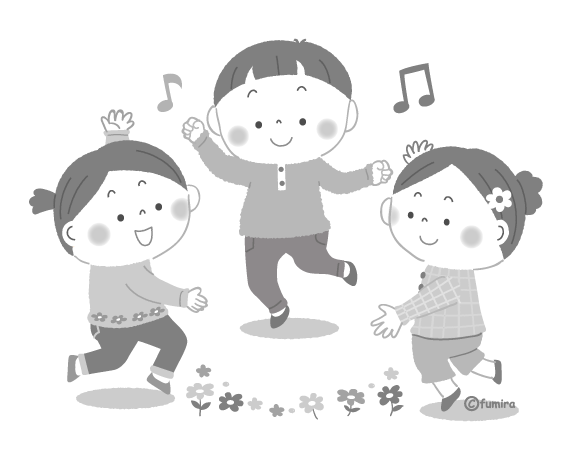 ダンスを踊る小さな子供たちのイラスト（モノクロ）