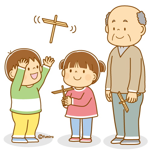 竹とんぼであそぶ子どもたちとお年寄りのイラスト（ソフト）

