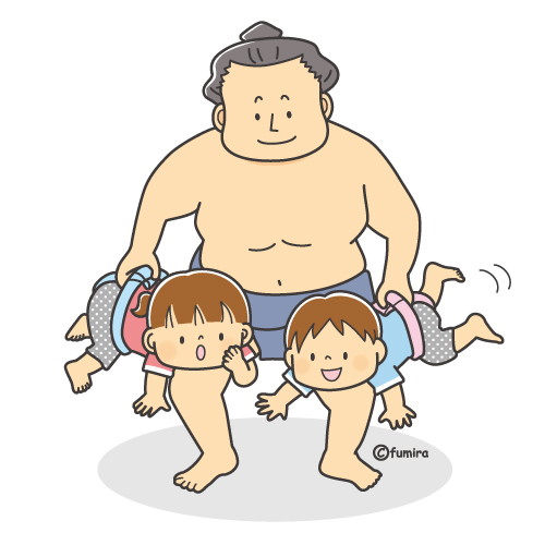 おすもうさんにもちあげられるこどもたち（カラー）

