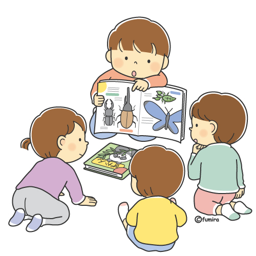 絵本の読み聞かせをするこどもと聞いている子のイラスト カラー 子供と動物のイラスト屋さん わたなべふみ