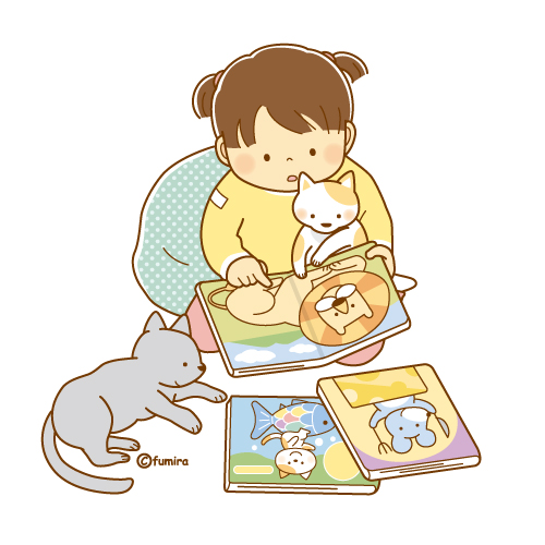 猫に読み聞かせをするこどものイラスト ソフト 子供と動物のイラスト屋さん わたなべふみ