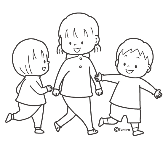 ３人であそぶ子どもたちのイラスト モノクロ 子供と動物のイラスト屋さん わたなべふみ