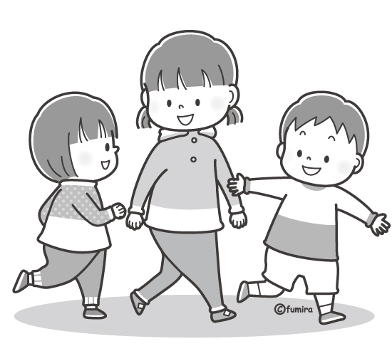 ３人であそぶ子どもたちのイラスト モノクロ 子供と動物のイラスト屋さん わたなべふみ