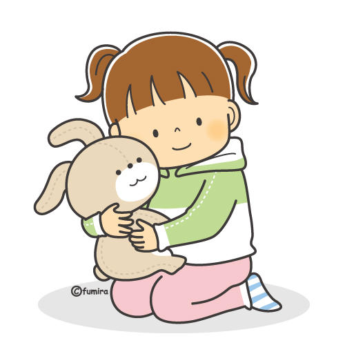 うさぎのぬいぐるみをだっこする女の子のイラスト カラー 子供と動物のイラスト屋さん わたなべふみ