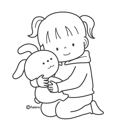 うさぎのぬいぐるみをだっこする女の子のイラスト ぬりえ 子供と動物のイラスト屋さん わたなべふみ