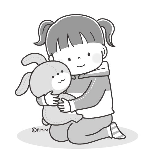 うさぎのぬいぐるみをだっこする女の子のイラスト モノクロ 子供と動物のイラスト屋さん わたなべふみ