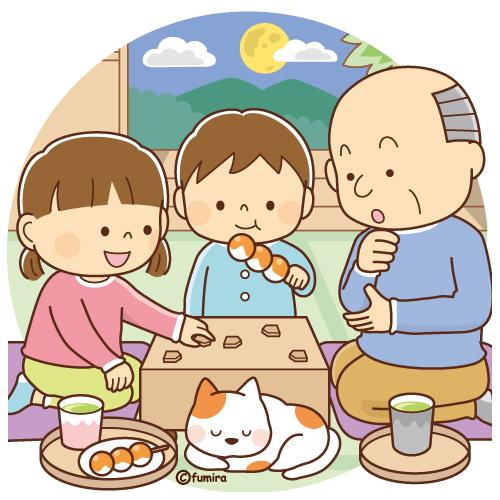 お月見をしながら将棋を指す子供とおじいちゃんのイラスト（ソフト）