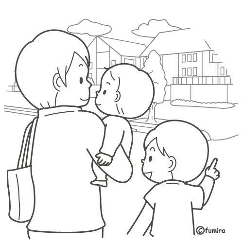 あかちゃんを抱っこしたお父さんと家に帰るこどものイラスト ぬりえ 子供と動物のイラスト屋さん わたなべふみ