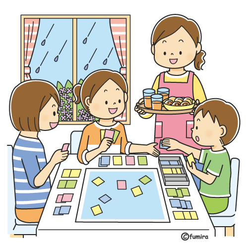 雨の日に部屋でボードゲームをする子供たち カラー 子供と動物のイラスト屋さん わたなべふみ 雨の日に部屋でボードゲームをする子供たち カラー 子供と動物のイラスト屋さん わたなべふみ